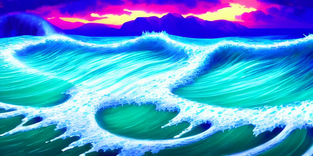 Image similar to a beach shaped like a singing mouth, the waves are made is musical notes, one wave is shaped like the mouths tongue, very colorful painting 8 k trending on art station, intricate details, very realistic, cinematic lighting, volumetric lighting,