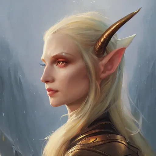 Prompt: A head-on detailed oil fantasy portrait of a pretty elf woman with horns, long blonde hair and bright irises, by greg rutkowski, trending on artstation, dungeon and dragons art
