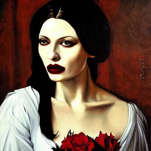 Prompt: A beautiful painting of a lady vampire, victorian, dracula, ominous, oil on canvas, photorealism, caravaggio, high definition, soft light