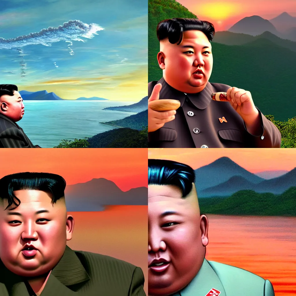 Prompt: kim jong un smoking a cuban cigar!!! during sunset on a mountain, turbulent sea in the background, hyperrealistic!!!, high detail, side view, natural colors, anatomically correct, five fingers, unreal engine