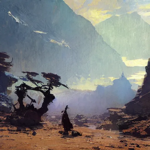 Image similar to earthy by frederic remington, by wadim kashin. the computer art is of a small village with a river running through it. in the distance, there are mountains. the sky is clear & the sun is shining.