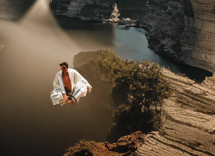 Image similar to a 2 8 mm macro photo of a man in flowing robes floating levitating over a huge canyon, splash art, movie still, bokeh, canon 5 0 mm, cinematic lighting, dramatic, film, photography, golden hour, depth of field, award - winning, anamorphic lens flare, 8 k, hyper detailed, 3 5 mm film grain, hazy