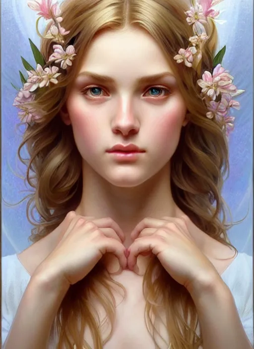 Image similar to perfectly feminine face!! full body portrait of young fairy goddess blessed by nature with ever - increasing physical mental perfection, blonde, symmetrical! intricate, sensual features, highly detailed, biblical divine holy perfection!! digital painting, artstation, concept art, smooth, sharp focus, illustration, art by artgerm and greg rutkowski and alphonse mucha