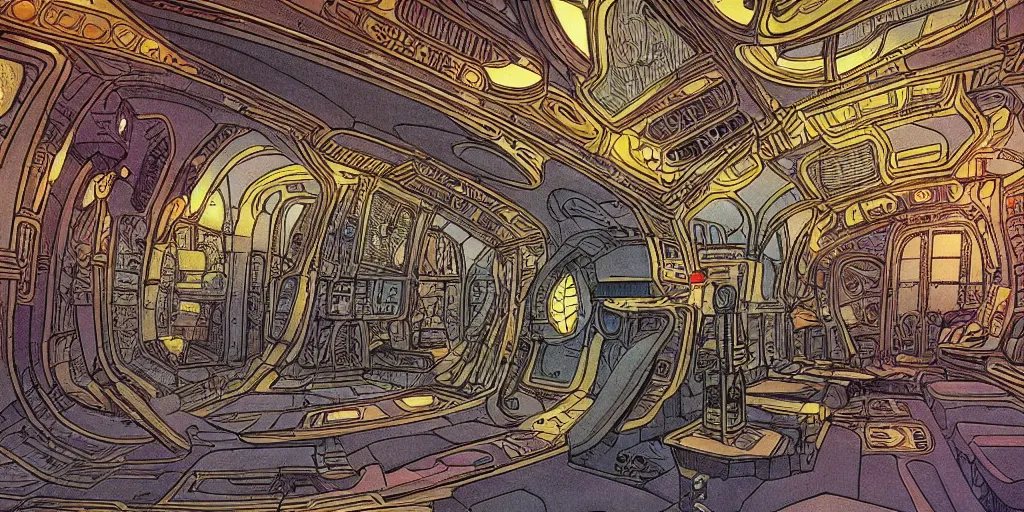Prompt: cinematic shot of the interior of a sci-fi spaceship made with ornate elven architecture and highly advanced technology, intricate linework, style of Jean Giraud Moebius comic art