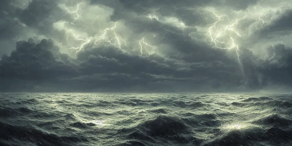 A violent storm at sea, fork lightning, sunset, shafts | Stable ...