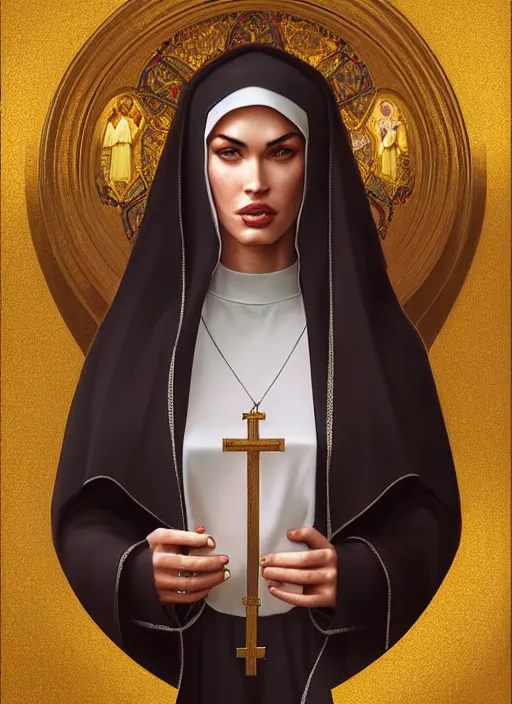 Image similar to portrait of megan fox as a sultry nun, catholic, church, bible, christian, intricate, headshot, highly detailed, digital painting, artstation, concept art, sharp focus, cinematic lighting, illustration, art by artgerm and greg rutkowski, alphonse mucha, cgsociety