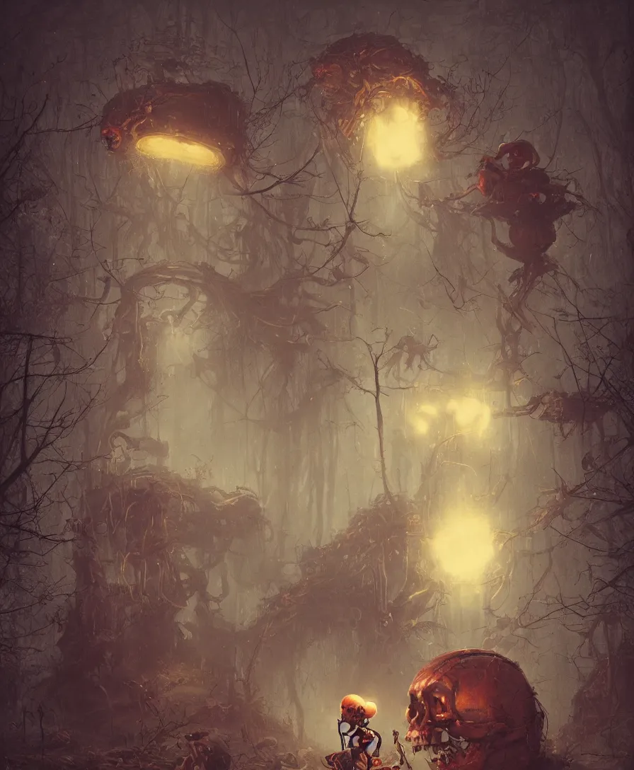 Prompt: skull clown illustrated by Simon Stålenhag and Gaston Bussiere, 35mm lens, beautiful volumetric-lighting-style atmosphere, intricate, ultra detailed, photorealistic imagery, trending on artstation, 4k, 8k