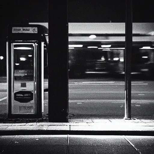 Image similar to “a ghostly figure, next to a bus station, night time”