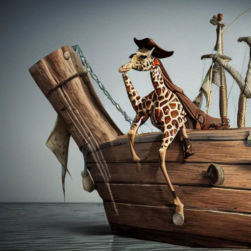 Image similar to giraffe dressed as a pirate on a wooden ship, hand drawn hyperreal hd