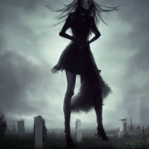 Image similar to kerli koiv the craft mini skirt crop top standing in cemetery, gothic, darkwave, darksynth, concept art, sharp, digital matte painting, art by greg rutkowski, wlop, dramatic lighting, trending on artstation