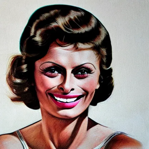 Image similar to a 1 9 2 8 color drawing portrait. calm, happy, healthy, smiling, sporty, young, glowing sophia loren in athletic wear with big smile and healthy teeth. realistic, high quality.