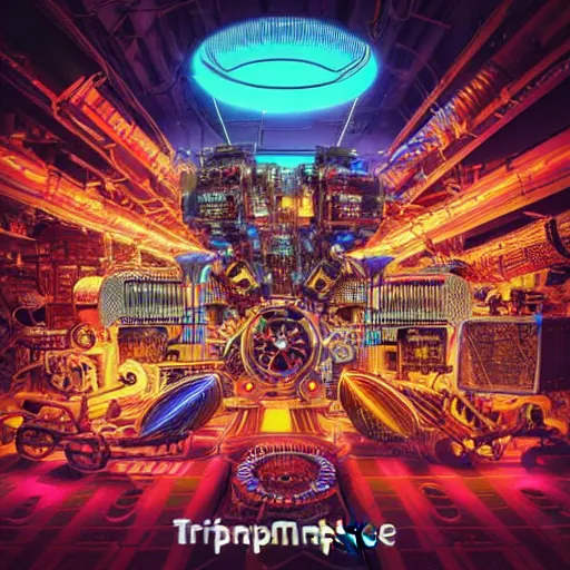 Prompt: album cover, album is called tripmachine, tripmachine, photo of a huge steampunk machine made of guitars and drums and pianos, connected with glowing tubes 8 k, fluorescent colors, halluzinogenic, multicolored, exaggerated detailed, front shot, 3 d render, octane