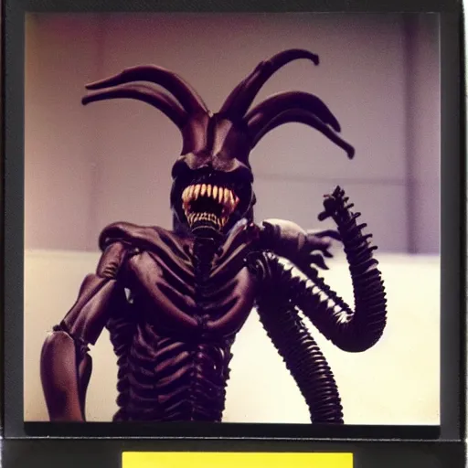 Image similar to polaroid image of xenomorph in a presidential debate against a giant banana