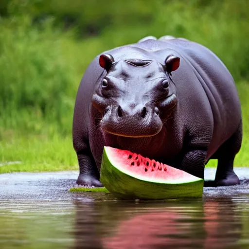 Image similar to enthusiastic hippo eating a watermelon