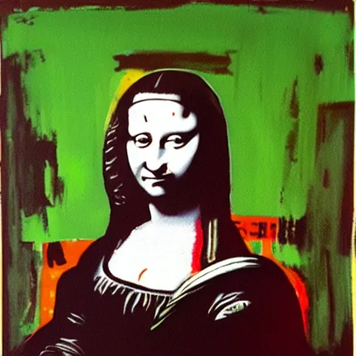 Image similar to portrait painting of monalisa in the style of jean-Michel Basquiat