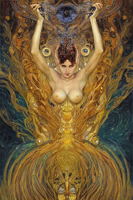 Image similar to Divine Chaos Engine by Karol Bak, Jean Deville, Gustav Klimt, and Vincent Van Gogh, visionary fractal structures, spirals