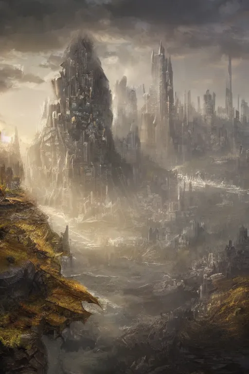 Prompt: Sharn, city of towers at the top of a cliff overlooking a river, matte painting, concept art, trending on artstation