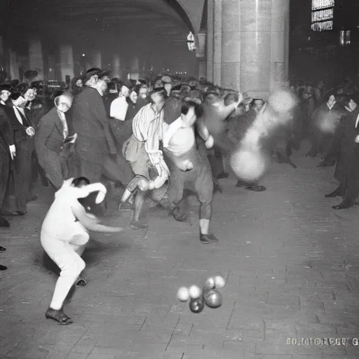 Image similar to colorized photo of water - balloon fight in grand central station 1 9 2 3