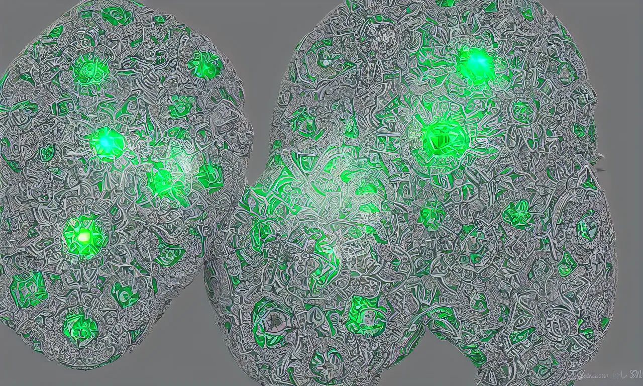 Image similar to mandrelbot 3 d volume fractal mandala ceramic chakra digital color stylized an ancient white bone and emerald gemstone relic, intricate engraving concept 3 d point lighting substance patern natural color scheme