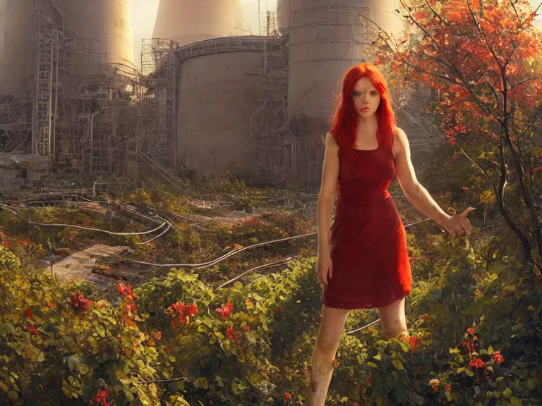 Image similar to red hair girl, chernobyl powerplant!!!, rubble!, ruins!!, flowers, vines, hyperrealistic, highly detailed, cinematic, single ray of golden sunlight, beautiful, cgssociety, artstation, 8 k, oil painting by greg rutkowski, by artgerm, by wlop