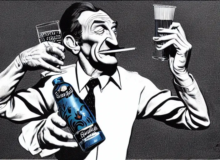 Prompt: barry chuckle drinking a bottle of snake oil, snake oil advertisement from 1 9 8 8, artwork by richard corben and rene magritte, 3 d, high resolution 8 k