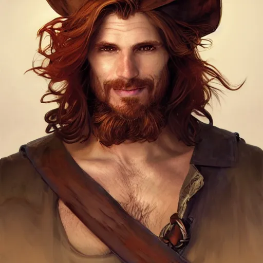 Image similar to portrait of a young ruggedly handsome but joyful pirate, male, masculine, upper body, crimson hair, long hair, d & d, fantasy, smirk, intricate, elegant, highly detailed, digital painting, artstation, concept art, matte, sharp focus, illustration, art by artgerm and greg rutkowski and alphonse mucha