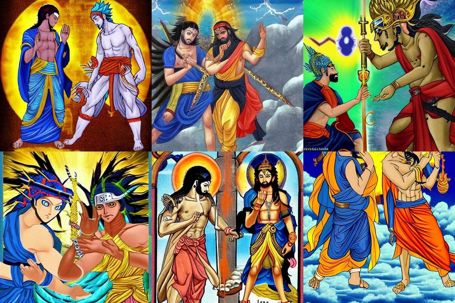 Prompt: lord vishnu and jesus christ in a battle to the death in the style of naruto