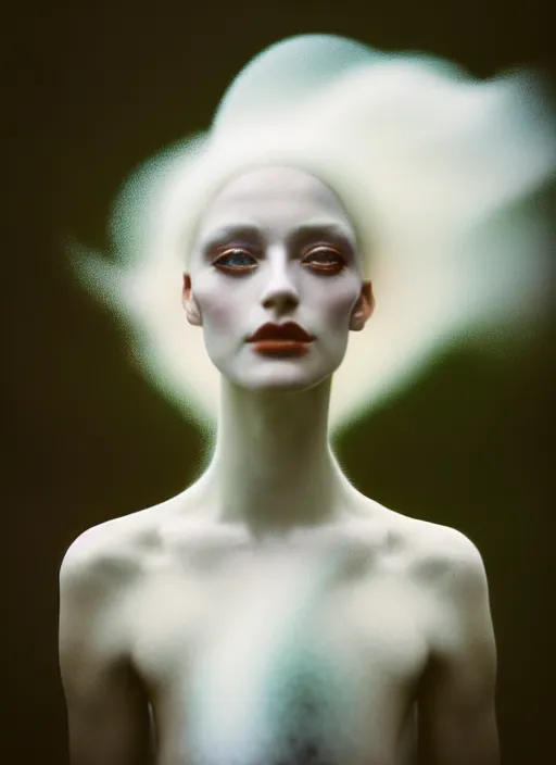 Prompt: cinestill 5 0 d photo portrait of a beautiful hybrid with woman face in style of paolo roversi by roberto ferri, weird marble body, white hair floating in air, 1 5 0 mm lens, f 1. 2, ethereal, emotionally evoking, head in focus, bokeh, volumetric lighting, matt colors outdoor