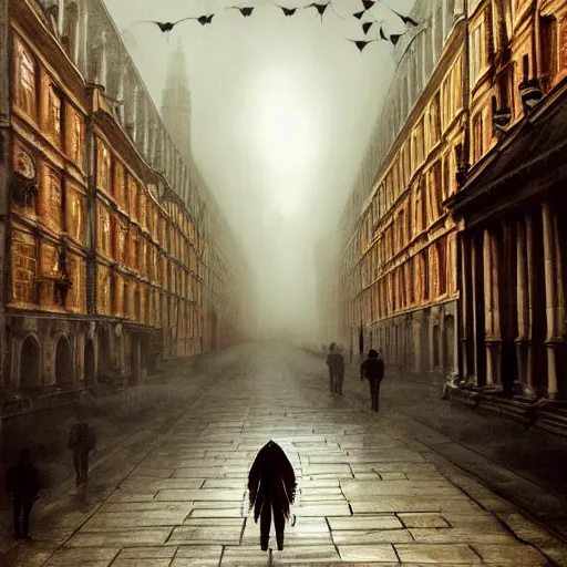 Prompt: terrifying vampiric creature walking through the center of old london city, oil painting, gloomy misty atmosphere, symmetrical, full body image, highly ornate intricate details, very sharp photo,