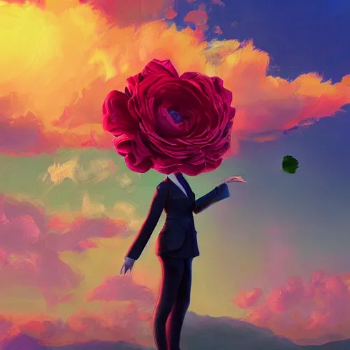 Image similar to closeup, giant rose flower head, frontal, a girl with suit, surreal photography, sunrise, blue sky, dramatic light, impressionist painting, digital painting, artstation, simon stalenhag