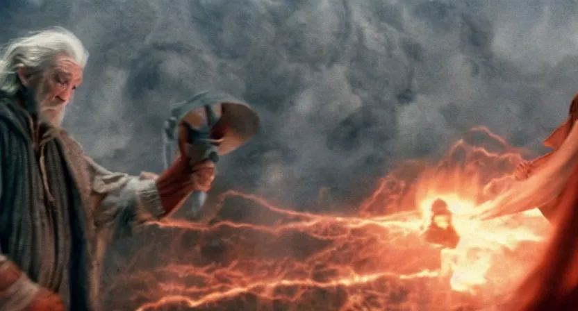 Prompt: still frame from a movie of only two character visible, Gandalf the gray on the right fighting against the fiery giant balrog on the left, arriflex, anamorphic, angenieux 24mm, wide shot, flare