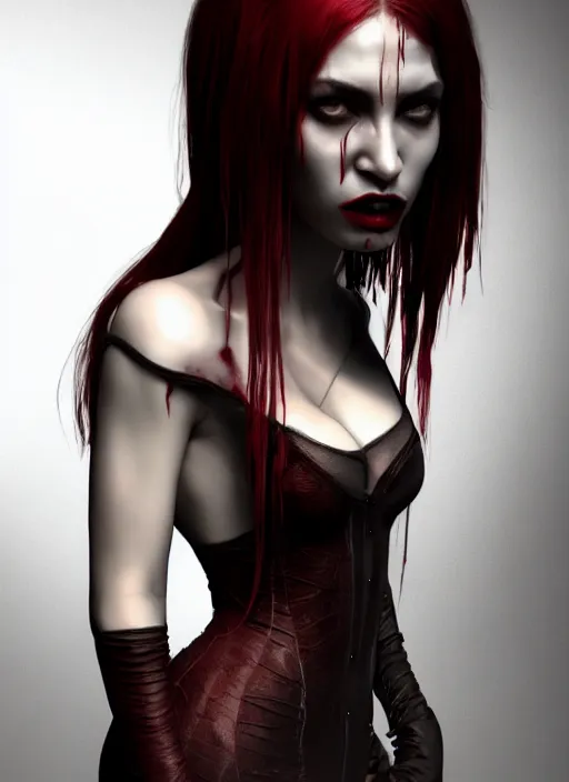 Prompt: full body portrait, vampire queen, blood, highly detailed, CGsociety, subtle, concept art, HDR, hyper realistic, volumetric lighting, subsurface scattering, unreal