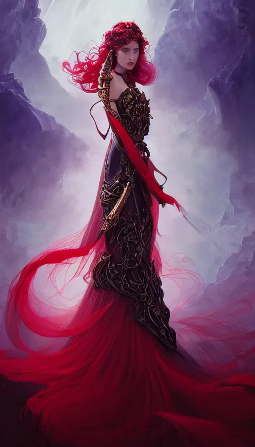 Image similar to portrait of magical paladin , dark fantasy, gradient red black, dreamy and ethereal, (colour) eyes, peaceful expression, ornate frilly dress, fantasy, intricate, elegant, rainbow bubbles, highly detailed, digital painting, artstation, concept art, smooth,b sharp focus, illustration, art by artgerm and greg rutkowski and alphonse mucha