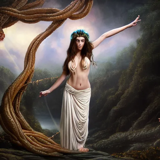 Prompt: Full body photo of the beautiful goddess Lana Rhoades as Medusa the greek goddess, she is looking straight to the camera, she has a glow coming from her, she is getting illuminated for rays of light, behind is a scary atmosphere, she is posing, the photo was taking by Annie Leibovitz, matte painting, oil painting, naturalism, 4k, 8k