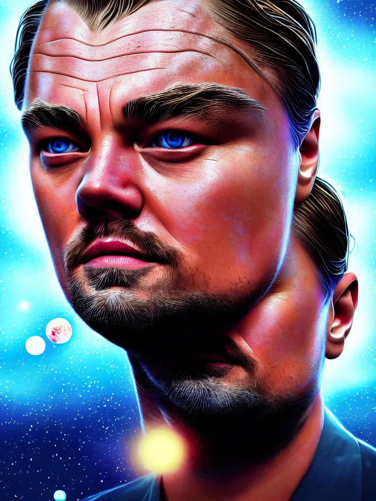 Image similar to centered detailed portrait of leonardo dicaprio in don't look up, futuristic, details, intricate, octane render, redshift, smooth, illustration, fairy lighting, stars and planets in the background, hyperrealistic, by dmitry prozorov, loish, and wlop, trending on artstation, hyperdetailed, hyperrealism