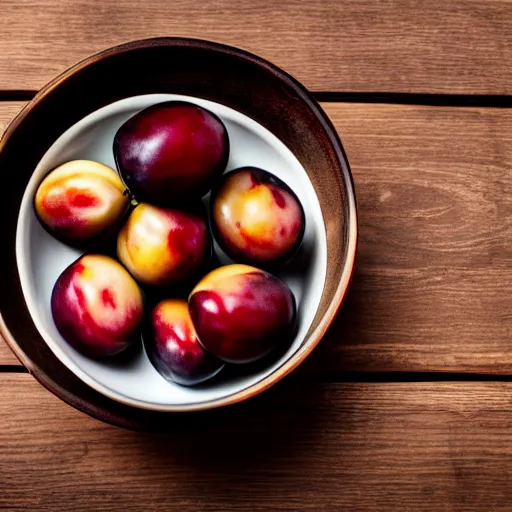 Image similar to photo of a thick porcelain bowl filled with few moist freshly picked plums on a wooden table. volumetric lighting. 4 k. small scale. realistic. top down.