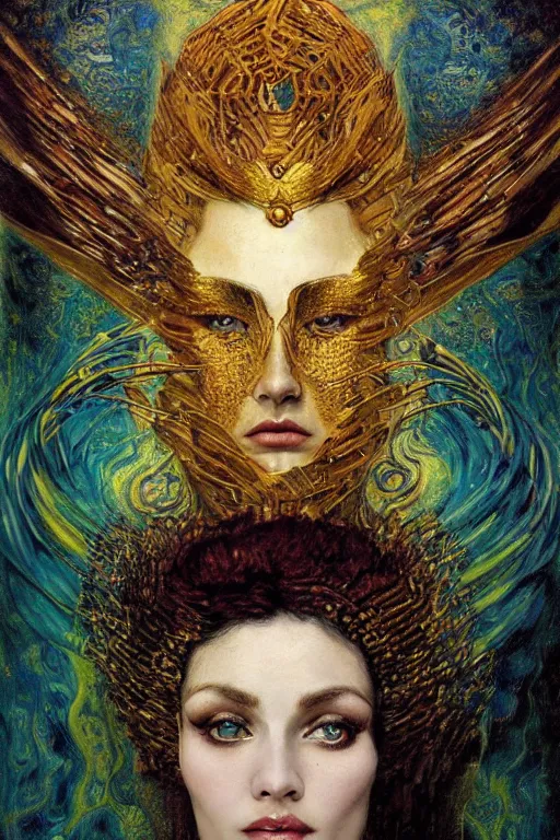 Image similar to Intermittent Chance of Chaos Muse by Karol Bak, Jean Deville, Gustav Klimt, and Vincent Van Gogh, beautiful inspiring portrait, enigma, Loki's Pet Project, destiny, Poe's Angel, fate, Surreality, inspiration, muse, otherworldly, fractal structures, arcane, ornate gilded medieval icon, third eye, spirals