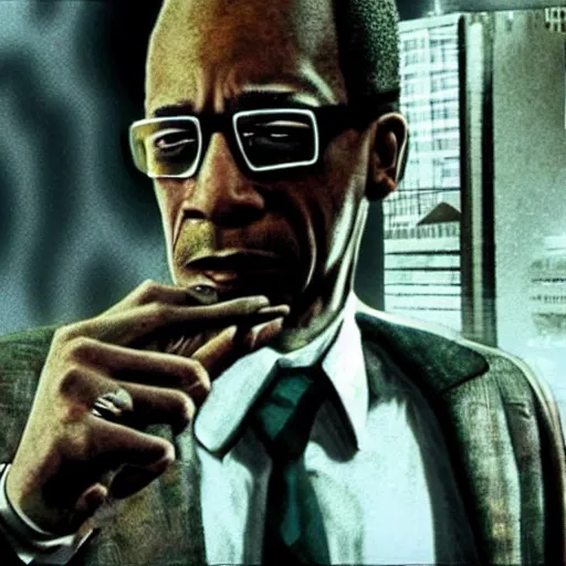 Prompt: film still of gus fring as max payne, iconic max payne 2 look, atmospheric still