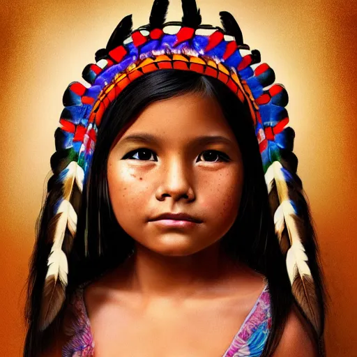 Image similar to portrait of native american 7-year-old girl with head dress in the style of artgerm, wlop, digital art, close-up, insanly detailed