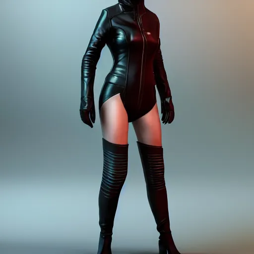 Image similar to a full body portrait of a female wearing a skintight leather jacket, trending on artstation, artstationhd, artstationhq, full body shot, cycles render, octane render, unreal engine, detailed body, detailed face, artwork by tooth wu and wlop and beeple and greg rutkowski