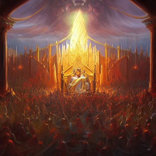 Prompt: a fantasy painting of a crowd around a king sitting on a throne by Noah Bradley