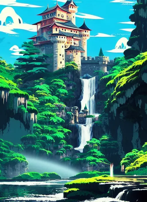 Image similar to magical castle, waterfall, river, scenery wallpaper aesthetic, anime style, beautiful, cinematic, dramatic, super detailed and intricate, hyper realistic, by koson ohara, by darwyn cooke