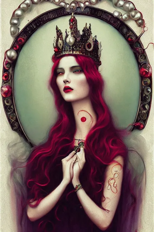 Image similar to Crown with iridescent pearls, ruby jewels, other worldly, art nouveau, by Anato Finnstark, Tom Bagshaw, Brom