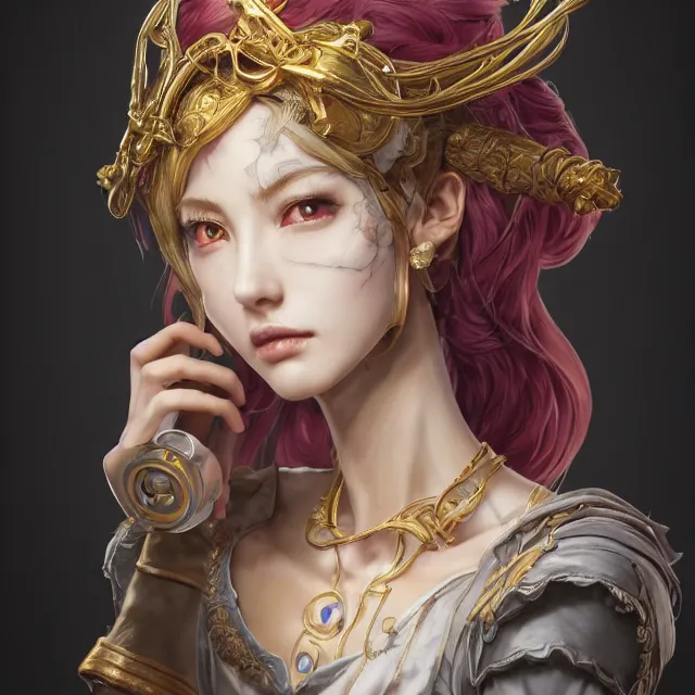 Image similar to studio portrait of neutral good colorful female cleric bard healer as absurdly beautiful, elegant, young skinny gravure idol, ultrafine hyperdetailed face illustration by kim jung gi, irakli nadar, intricate linework, sharp focus, bright colors, octopath traveler, final fantasy, unreal engine highly rendered, global illumination, radiant light, detailed and intricate environment