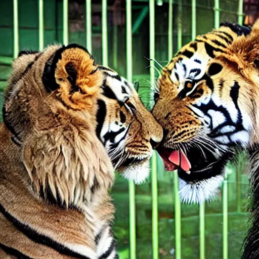 Image similar to lion and a tiger roaring in cage at the zoo