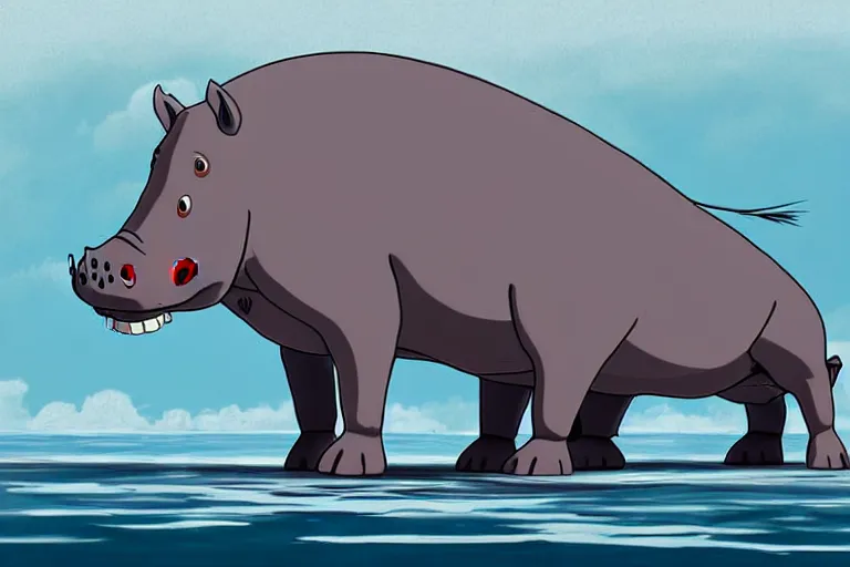 Prompt: a study of a cell shaded cartoon of a grey mechanical hippo from howl's moving castle ( 2 0 0 4 ), in an african river, full body, wide shot, very muted colors, post grunge, studio ghibli, highly detailed, deviantart, art by artgem