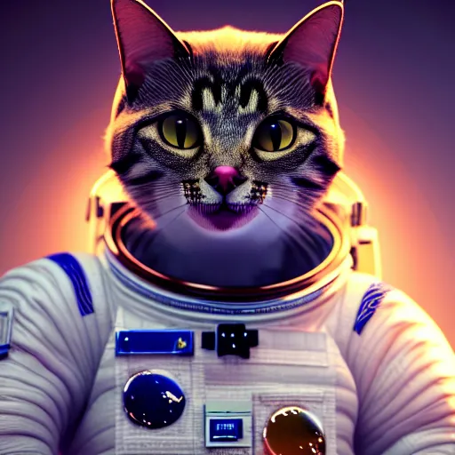 Image similar to professional photo cat in astronaut suit on the moon, closeup shot, hyperrealistic masterpiece, trending on artstation, cgsociety, kodakchrome, golden ratio, cinematic, composition, beautiful lighting, hyper detailed, sharp focus, octane render, 4 k, unreal engine