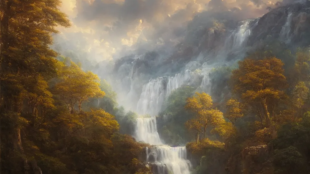 Image similar to the most beautiful panoramic landscape, oil painting, where a giant dreamy waterfall creates a river, the trees around are starting to bloom in a variety of colors, by greg rutkowski, long exposure