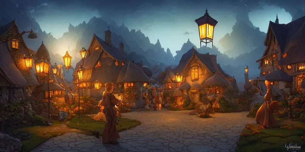 Prompt: a fantasy village landscape, twilight, lamps, lit windows, digital illustration by michael whelan and leyendecker and artgerm, intricate details, surreal, photorealistic, award winning