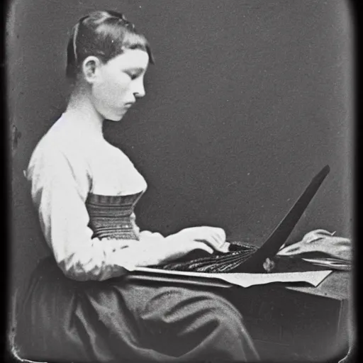 Image similar to an early 1800s photo of someone sitting at a computer making a donut in blender3d